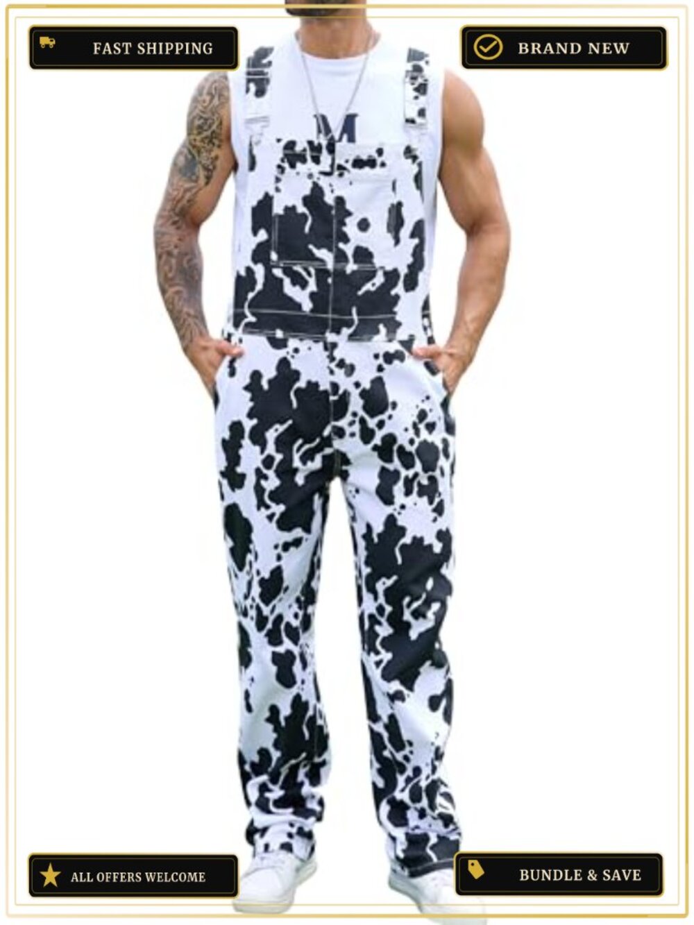 Men's Cow Print Overalls Adjustable Strap Bib Pocket Work Coveralls